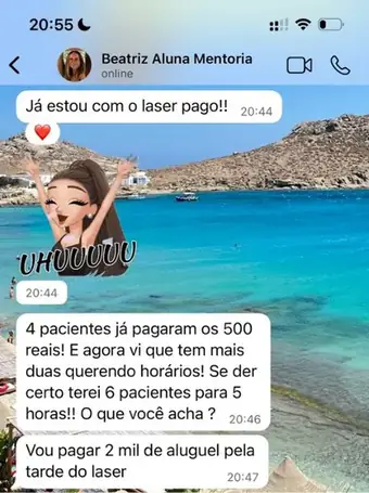Print de WhatsApp: Dra. Beatriz conta que já pagou o laser e tem 4 pacientes agendadas